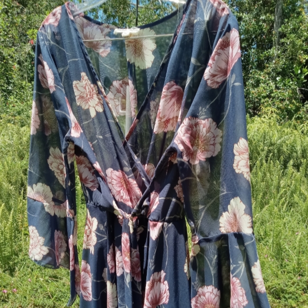INDIGO ROSE Sheer Blue Pink Floral Flowy Maxi Dress